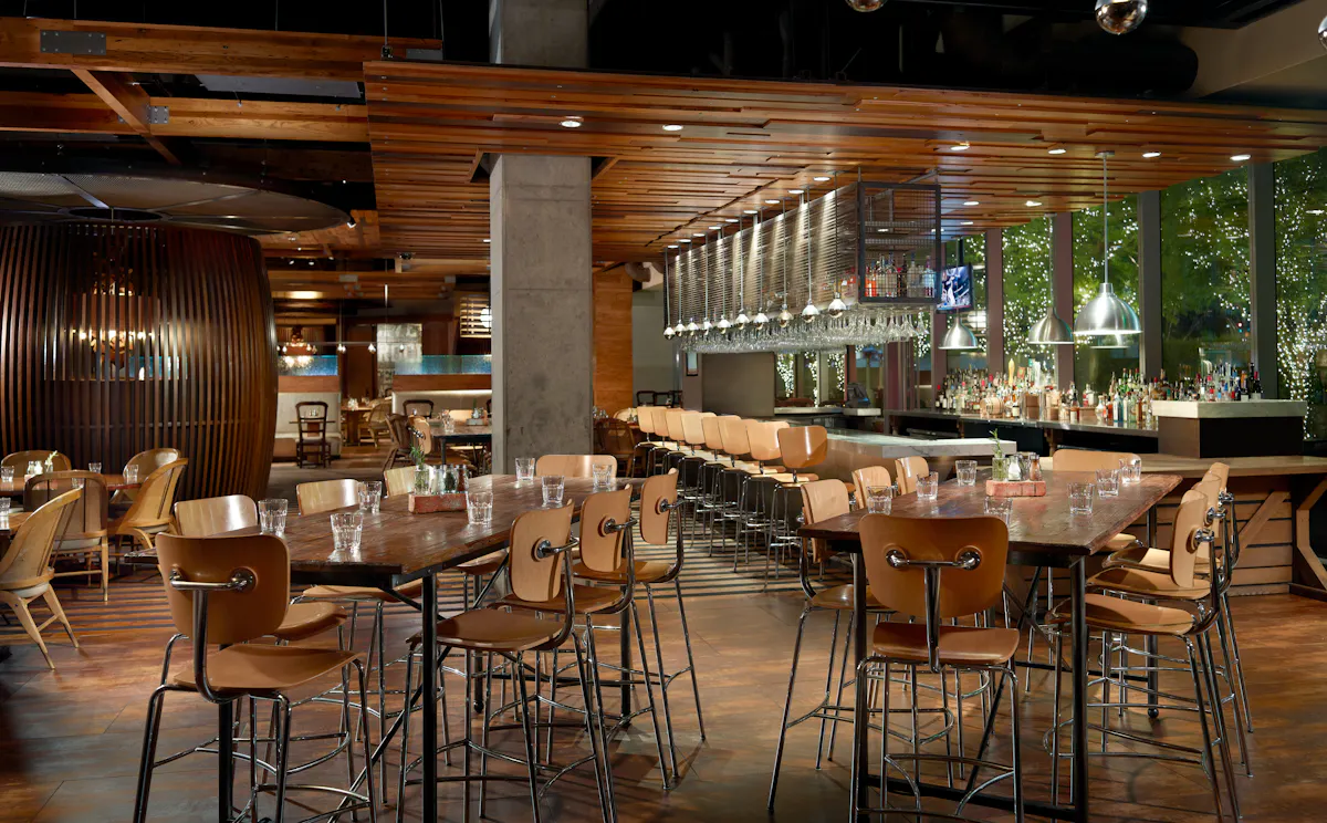 a large room with tables and chairs
